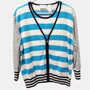 Liz Claiborne Striped Knit Cardigan & Shell Set XL Blue White Black‎